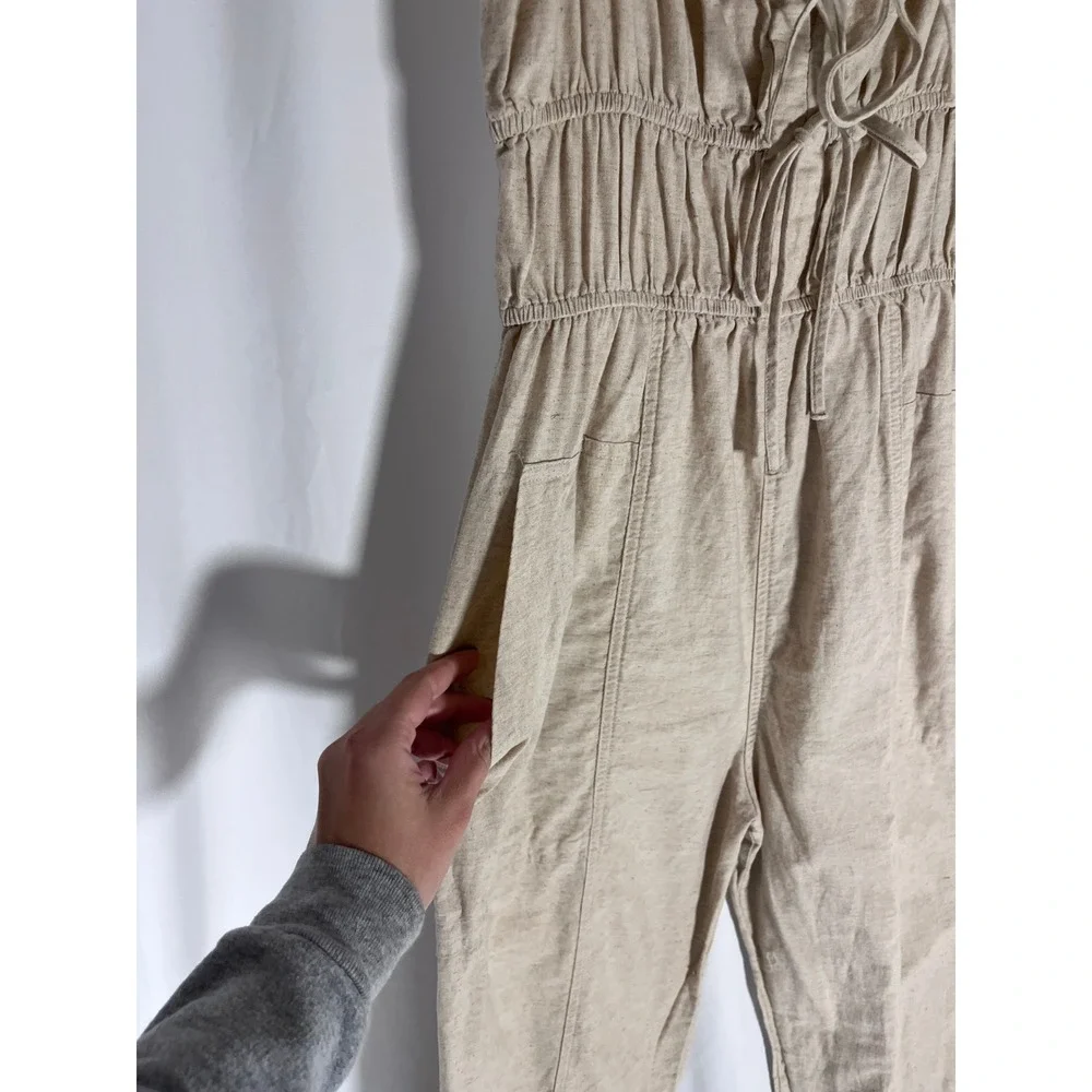 So Me Linen Blend Jumpsuit M Oatmeal Boho Cottagecore Adjustable Straps Pockets